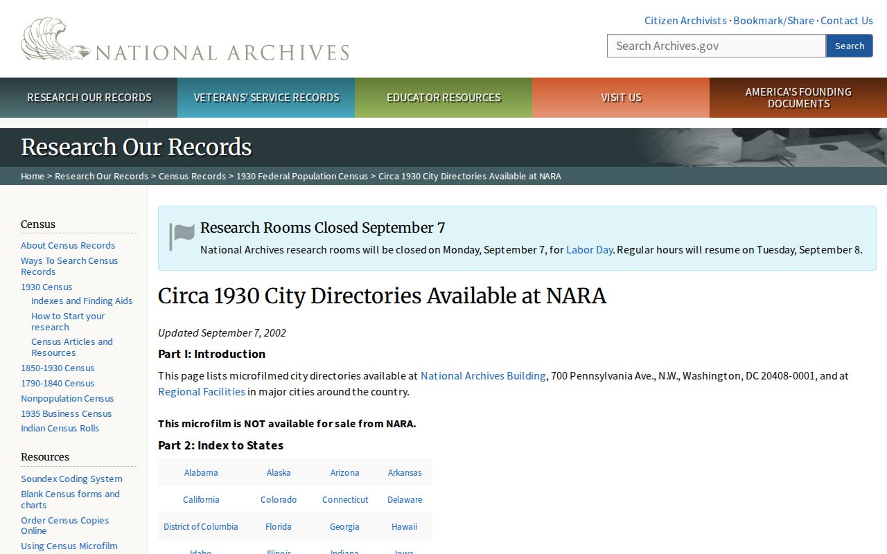 National Archives city directory holdings page with Elkins and Randolph listings