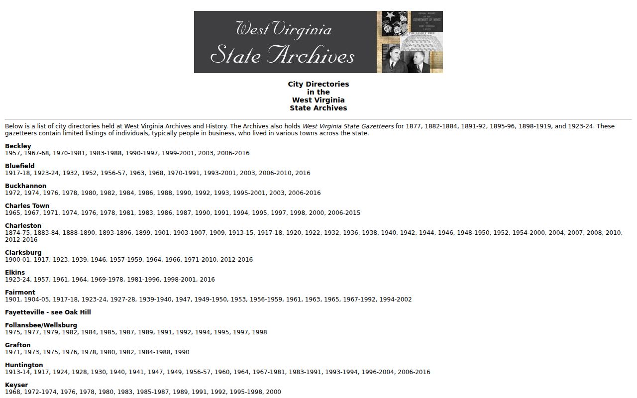 West Virginia State Archives city directory holdings page listing Elkins years