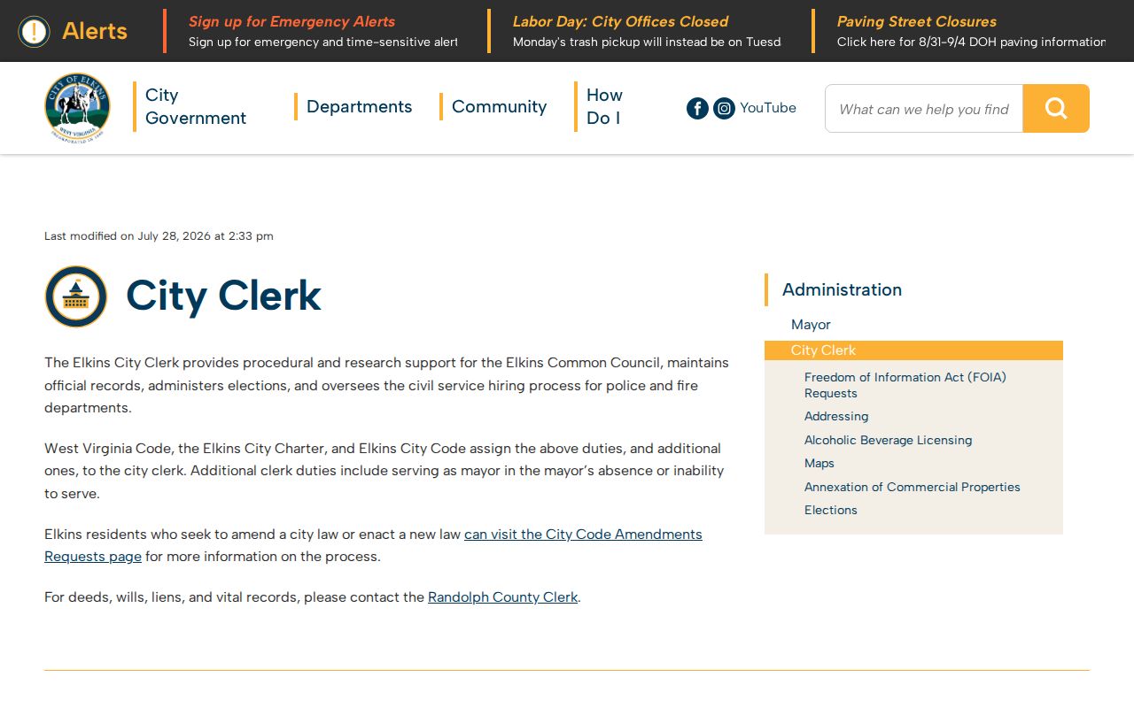 Elkins City Clerk page for civic records around a neighborhood