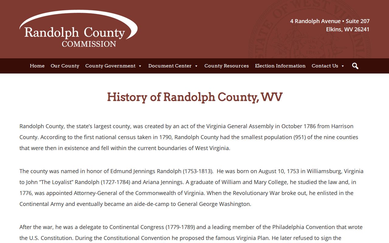 Randolph County history page used to place early Elkins property records